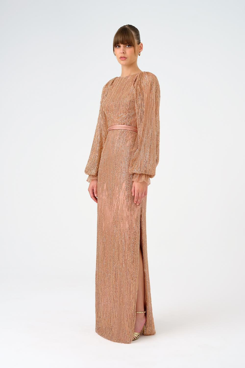 Stone Embroidered Long Evening Dress with Slit Detail - 9026C
