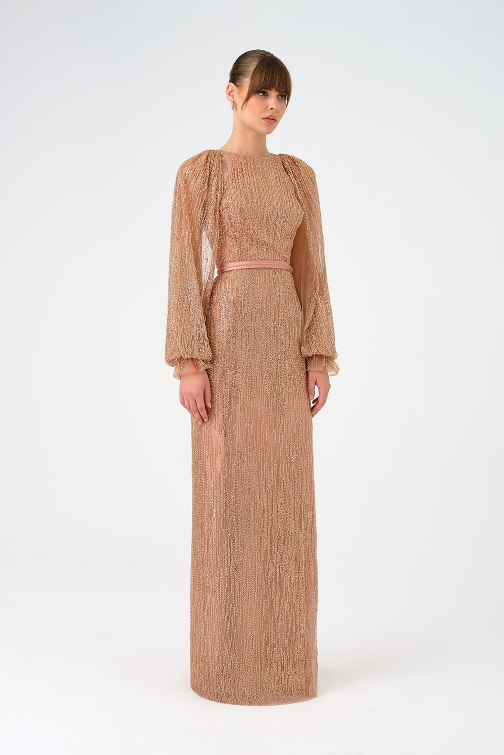Stone Embroidered Long Evening Dress with Slit Detail - 9026C
