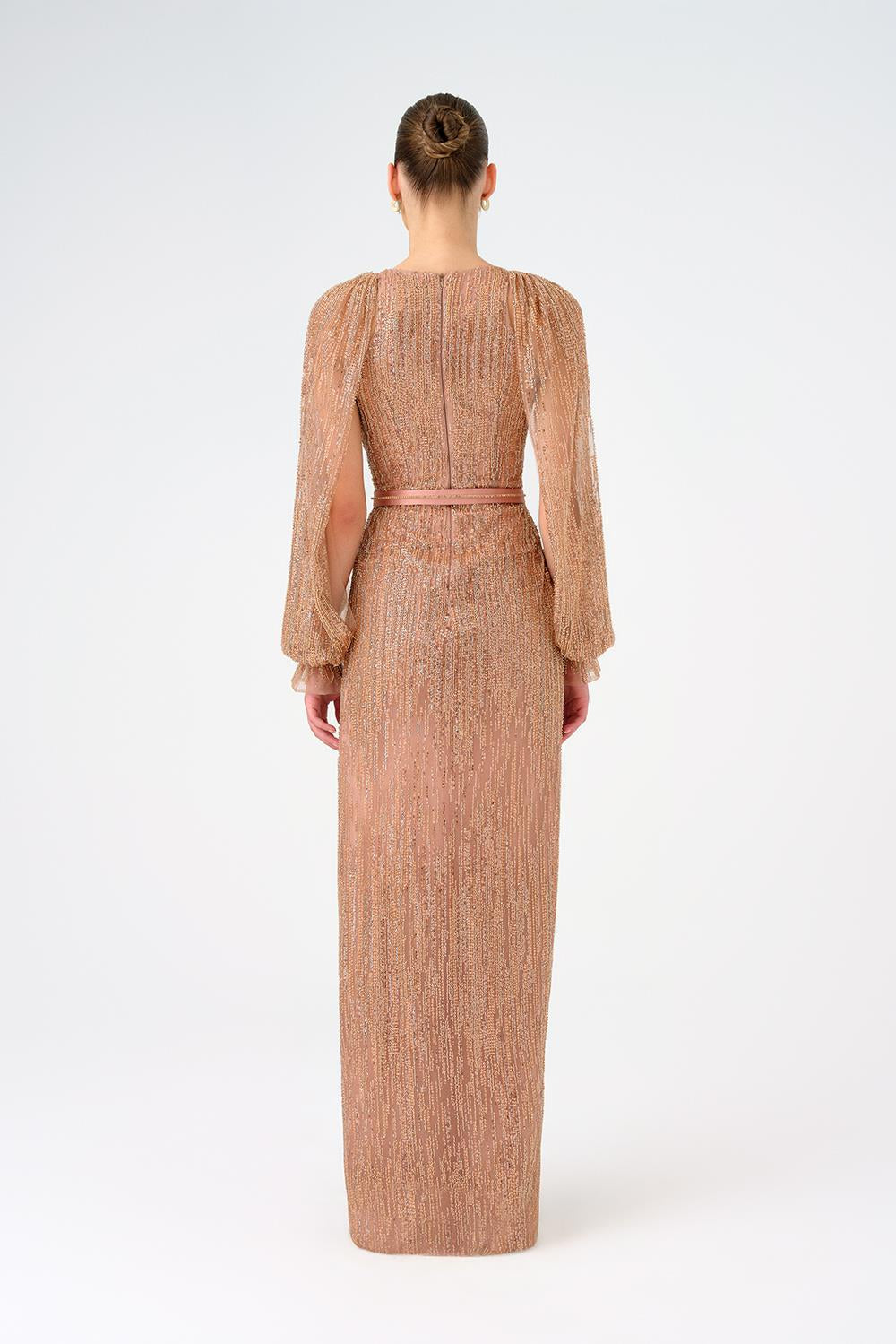Stone Embroidered Long Evening Dress with Slit Detail - 9026C