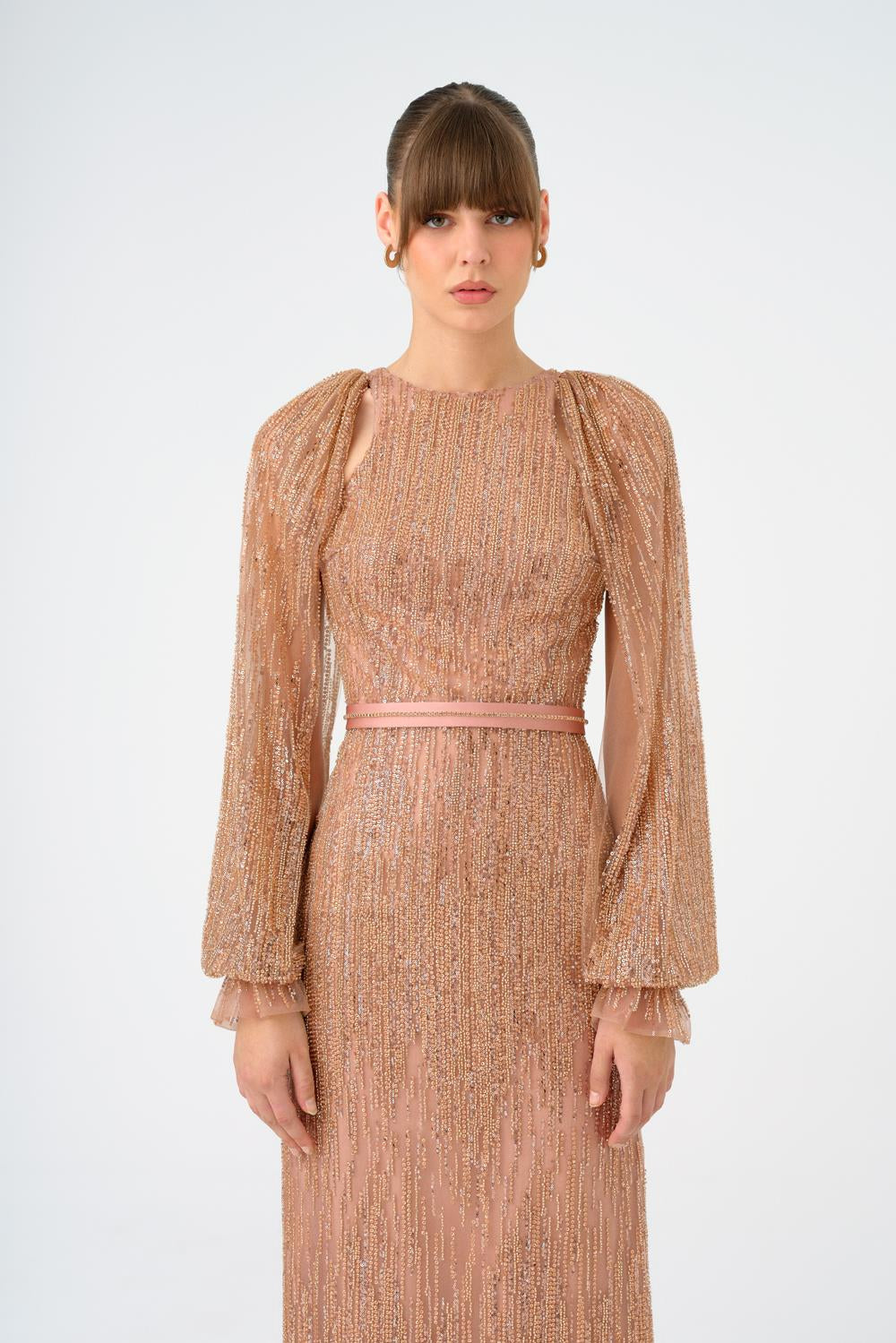 Stone Embroidered Long Evening Dress with Slit Detail - 9026C
