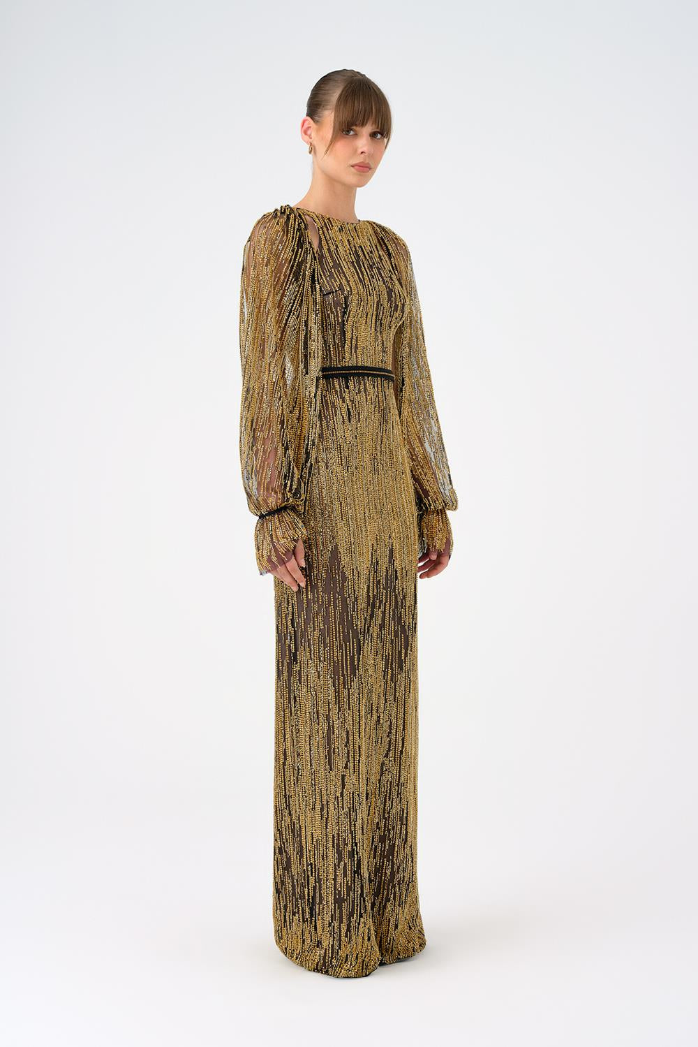 Stone Embroidered Long Evening Dress with Slit Detail - 9026C