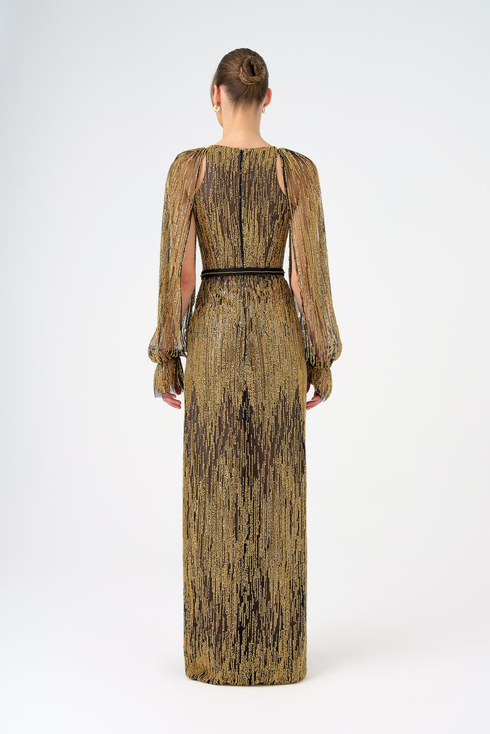 Stone Embroidered Long Evening Dress with Slit Detail - 9026C
