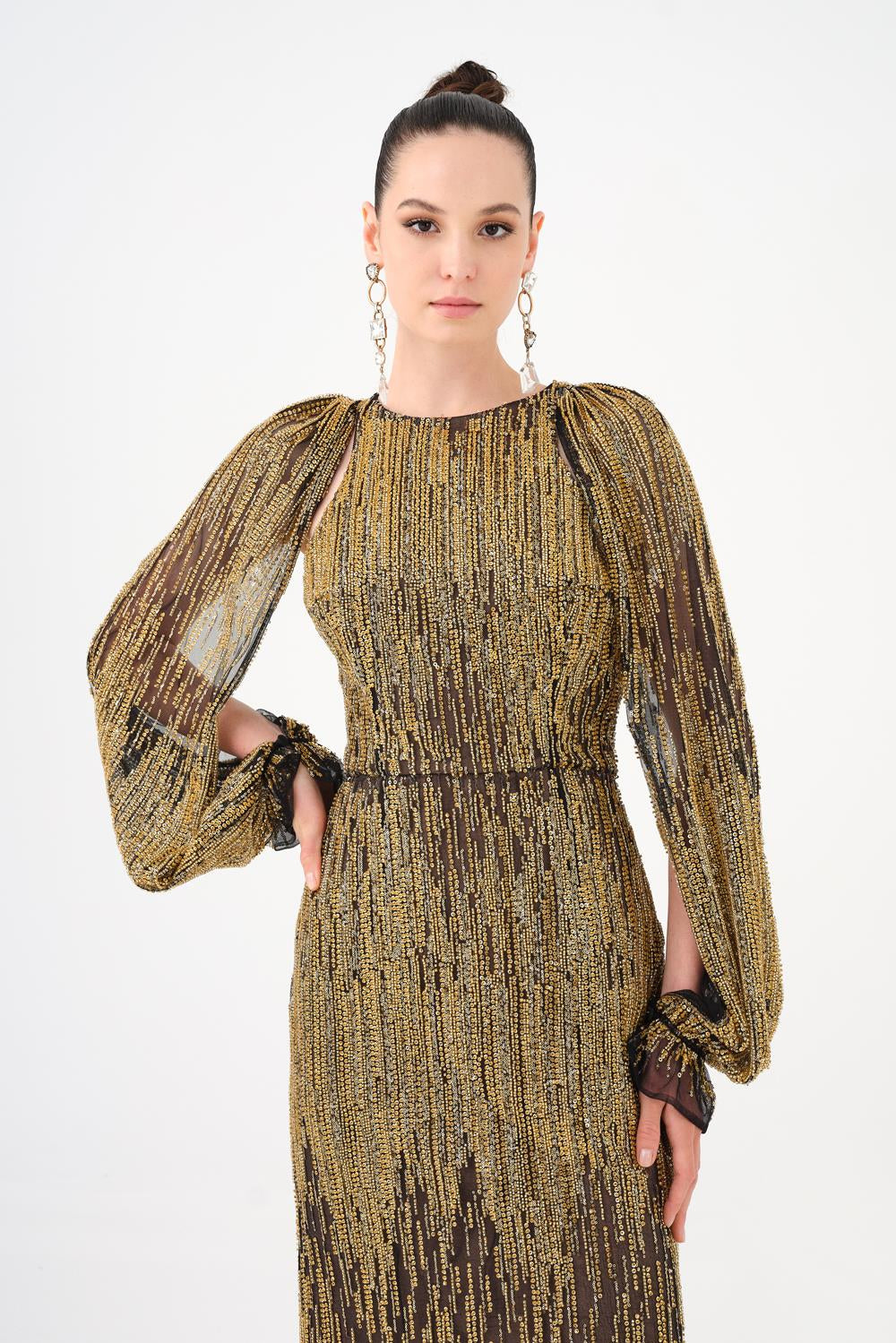 Stone Embroidered Long Evening Dress with Slit Detail - 9026C