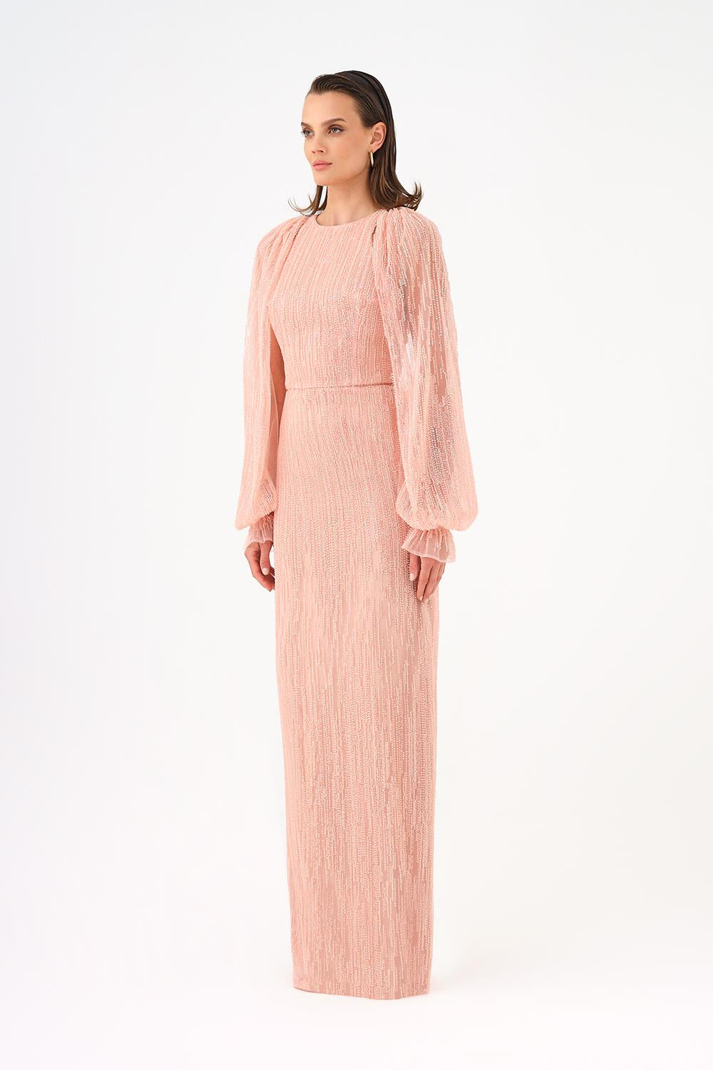 Stone Embroidered Long Evening Dress with Slit Detail - 9026C