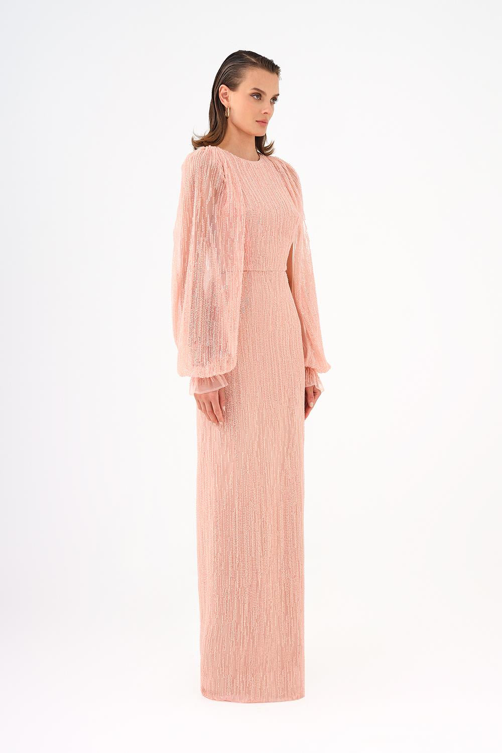 Stone Embroidered Long Evening Dress with Slit Detail - 9026C
