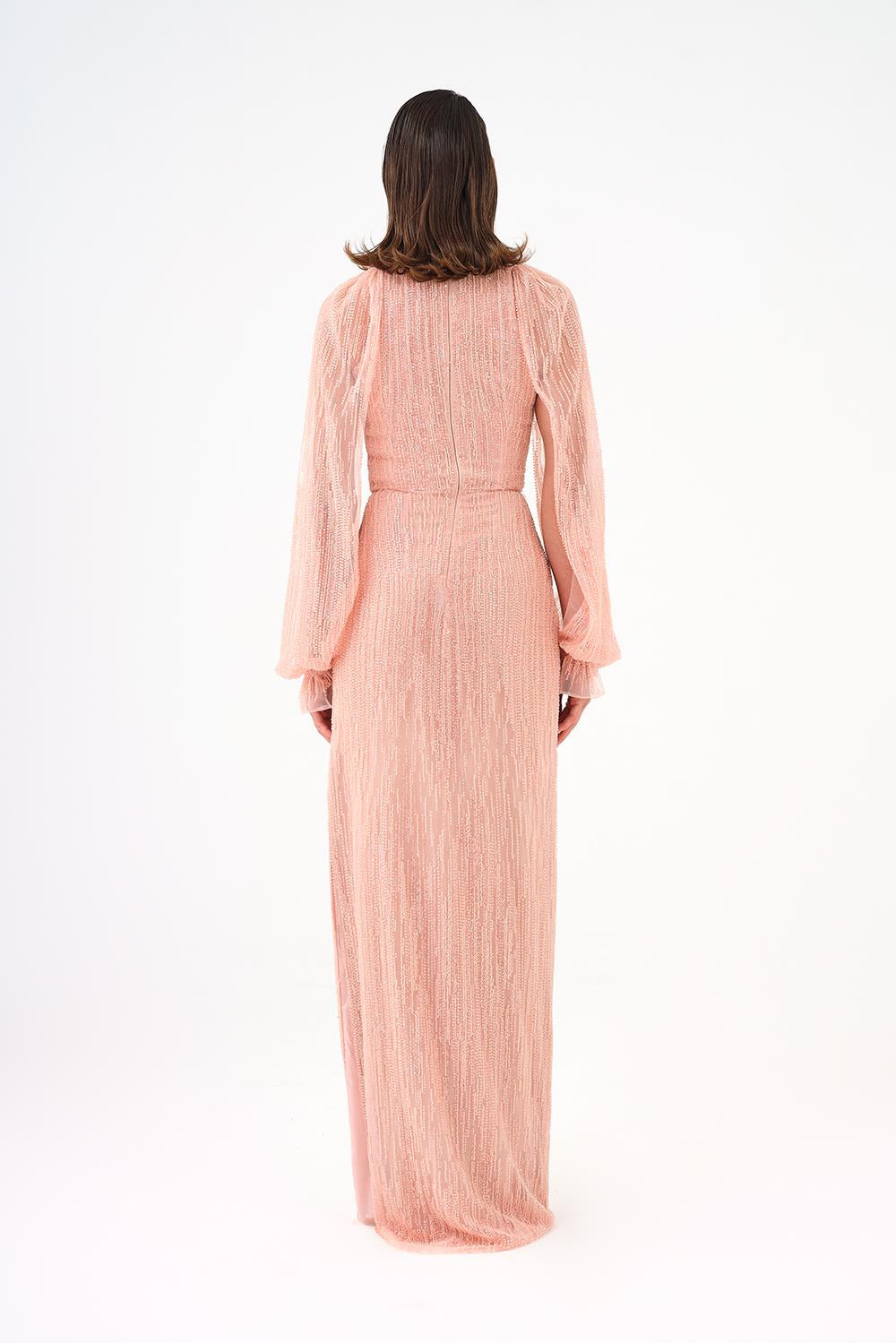 Stone Embroidered Long Evening Dress with Slit Detail - 9026C