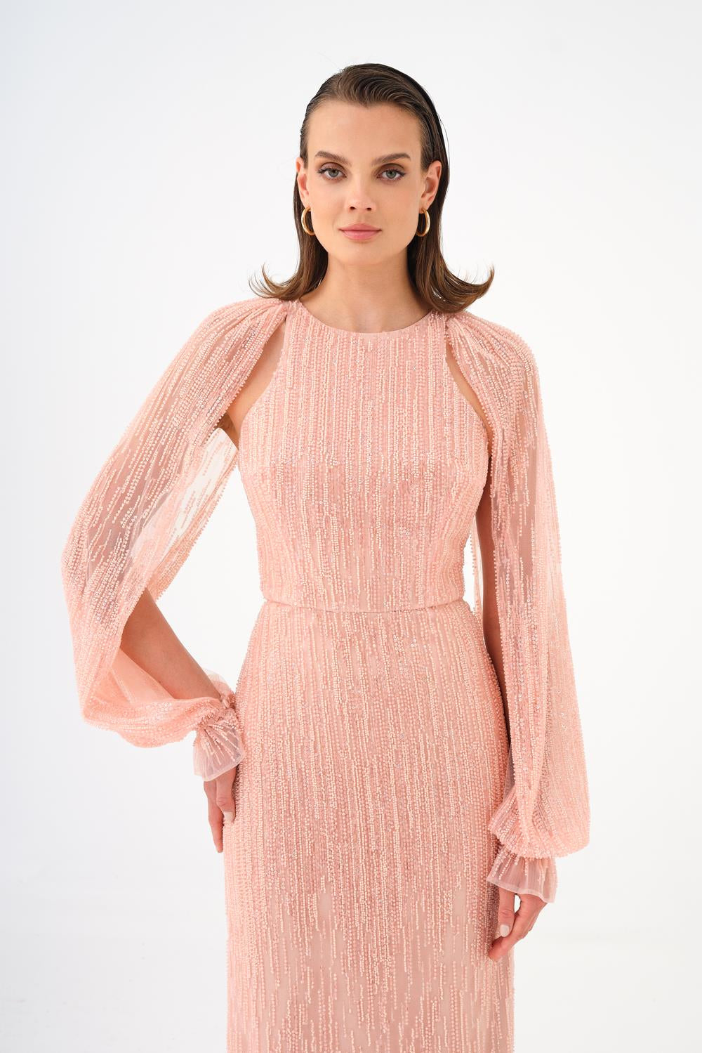 Stone Embroidered Long Evening Dress with Slit Detail - 9026C