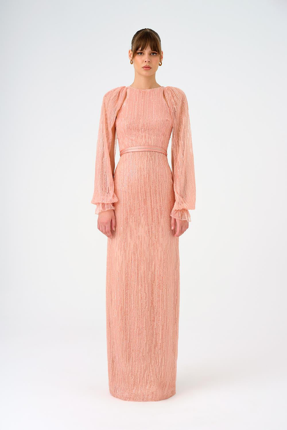 Stone Embroidered Long Evening Dress with Slit Detail - 9026C