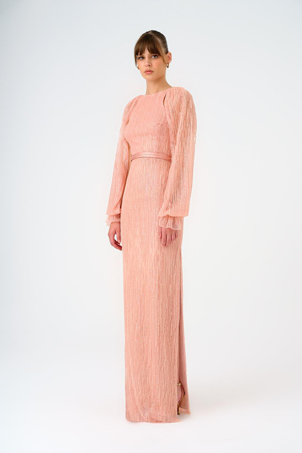 Stone Embroidered Long Evening Dress with Slit Detail - 9026C
