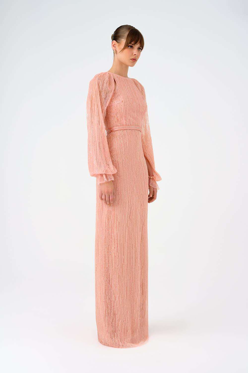 Stone Embroidered Long Evening Dress with Slit Detail - 9026C