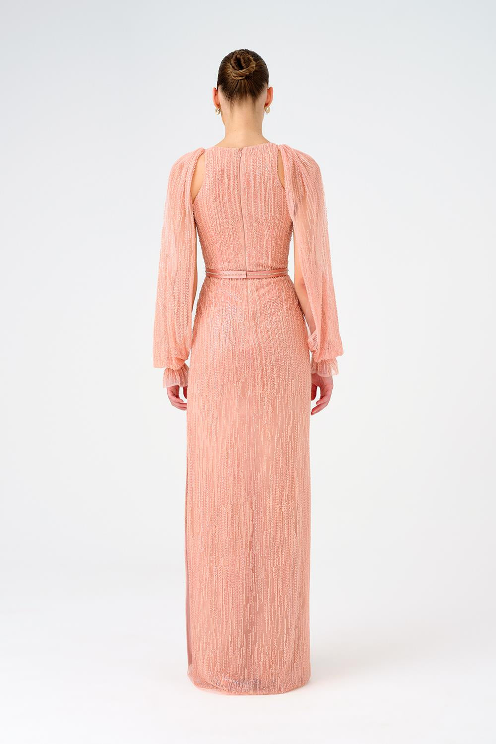 Stone Embroidered Long Evening Dress with Slit Detail - 9026C