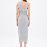 Simli V Yaka Midi Abiye Elbise - 9001C - GRİ
