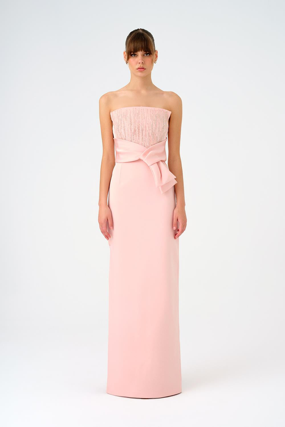 Straplez Yaka Düz Kesim Saten Abiye Elbise - 9171C - Pembe Gümüş