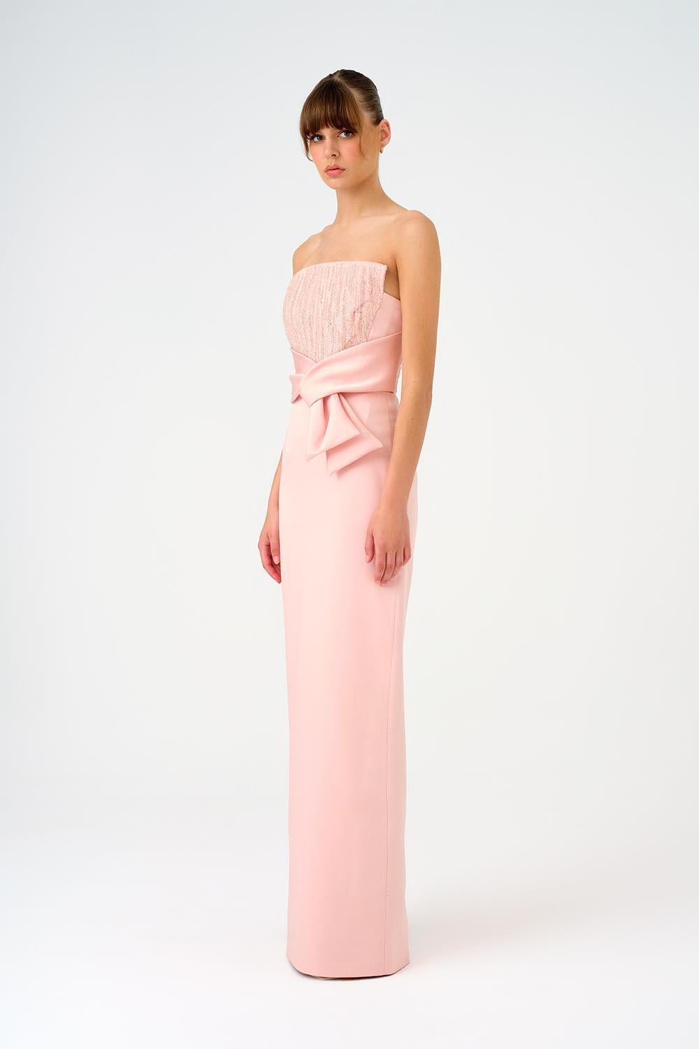 Straplez Yaka Düz Kesim Saten Abiye Elbise - 9171C - Pembe Gümüş
