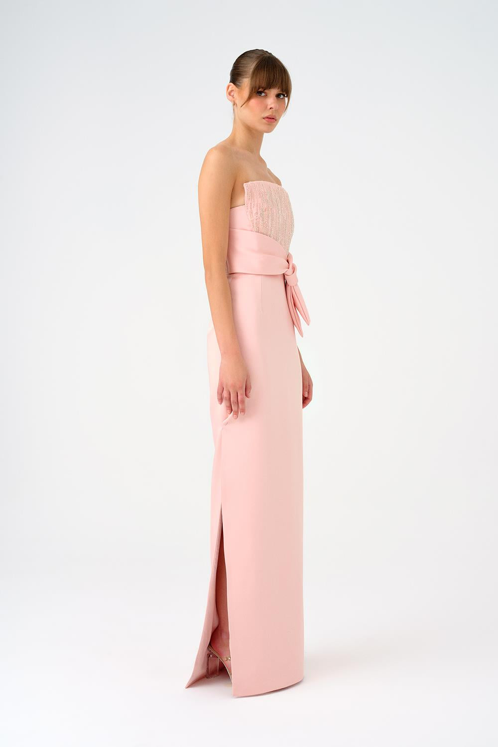 Straplez Yaka Düz Kesim Saten Abiye Elbise - 9171C - Pembe Gümüş