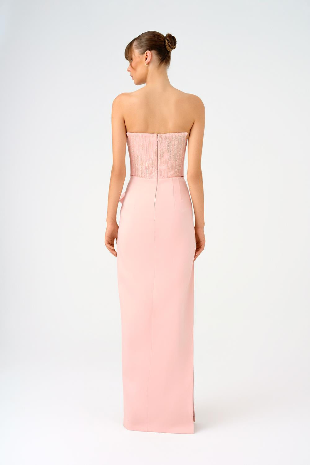 Straplez Yaka Düz Kesim Saten Abiye Elbise - 9171C - Pembe Gümüş