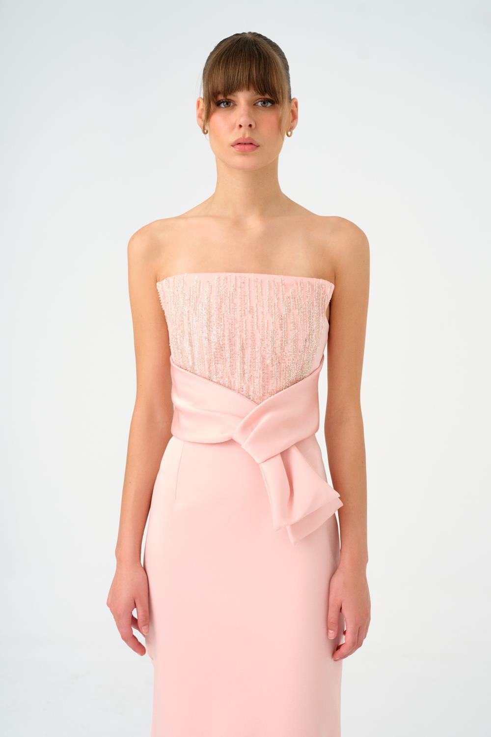 Straplez Yaka Düz Kesim Saten Abiye Elbise - 9171C - Pembe Gümüş