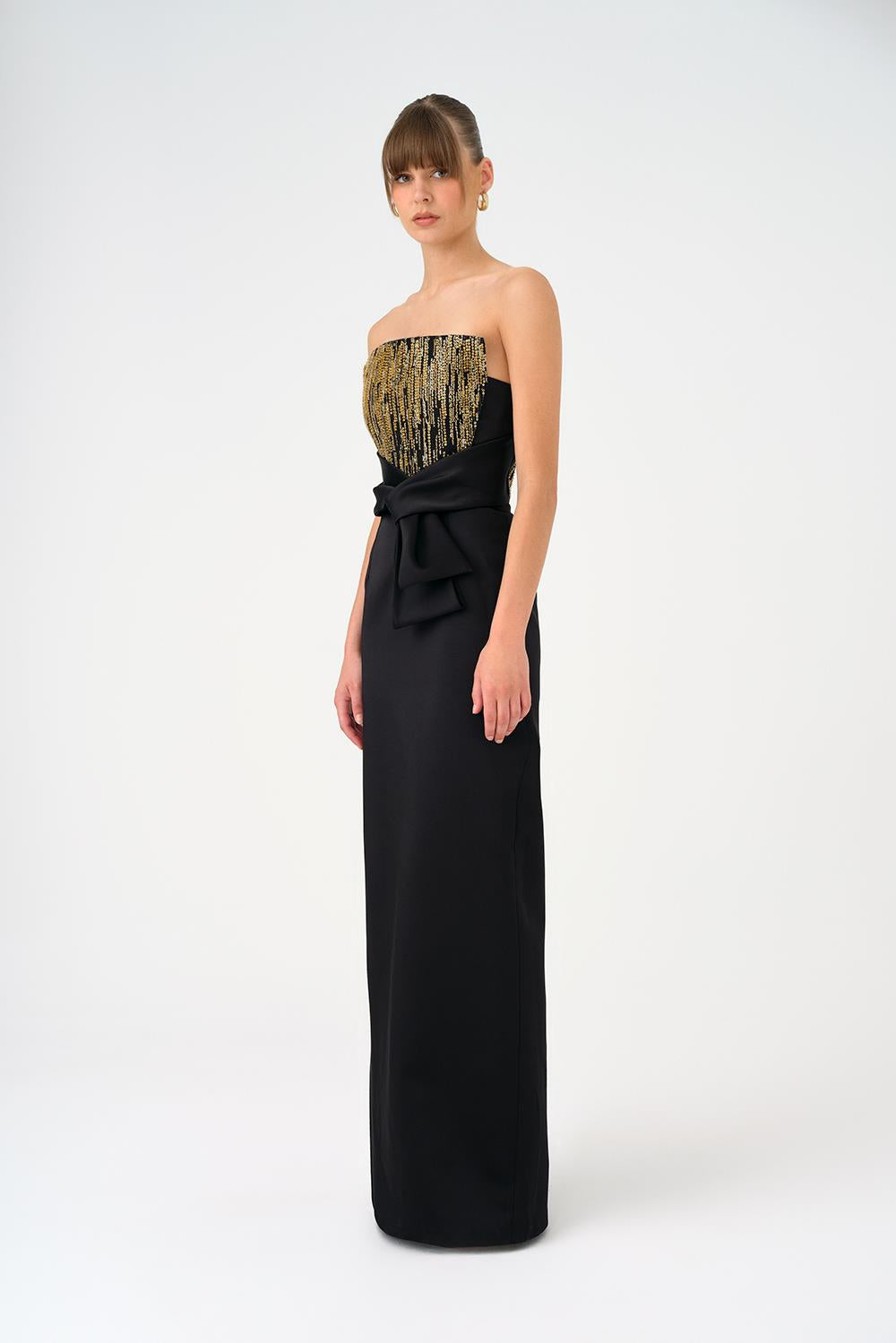 Straplez Yaka Düz Kesim Saten Abiye Elbise - 9171C - Siyah - Gold