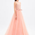 فستان سهرة طويل بياقة بدون أكمام ومطوي - 9198C