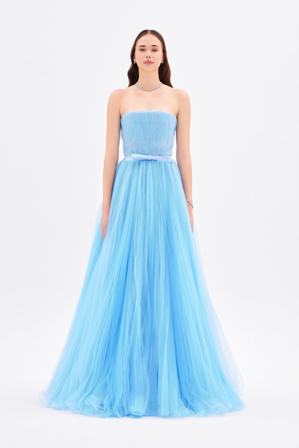 Strapless Collar Pleated Long Evening Dress - 9198C