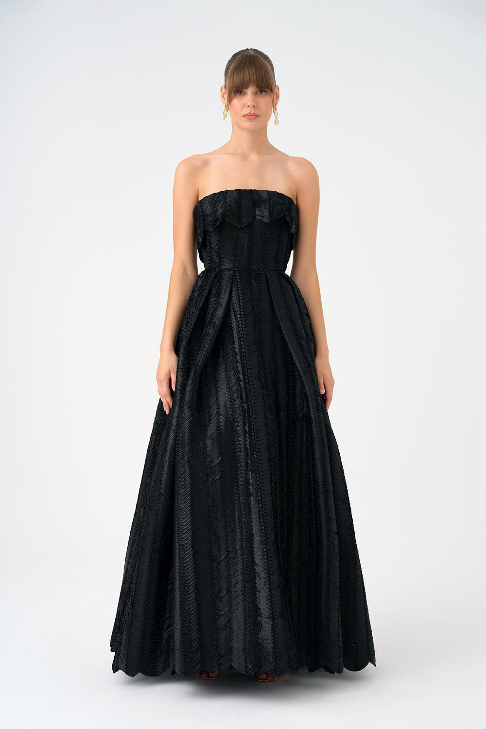 Straplez Yaka Prenses Kesim Uzun Abiye Elbise - 9050C - SİYAH