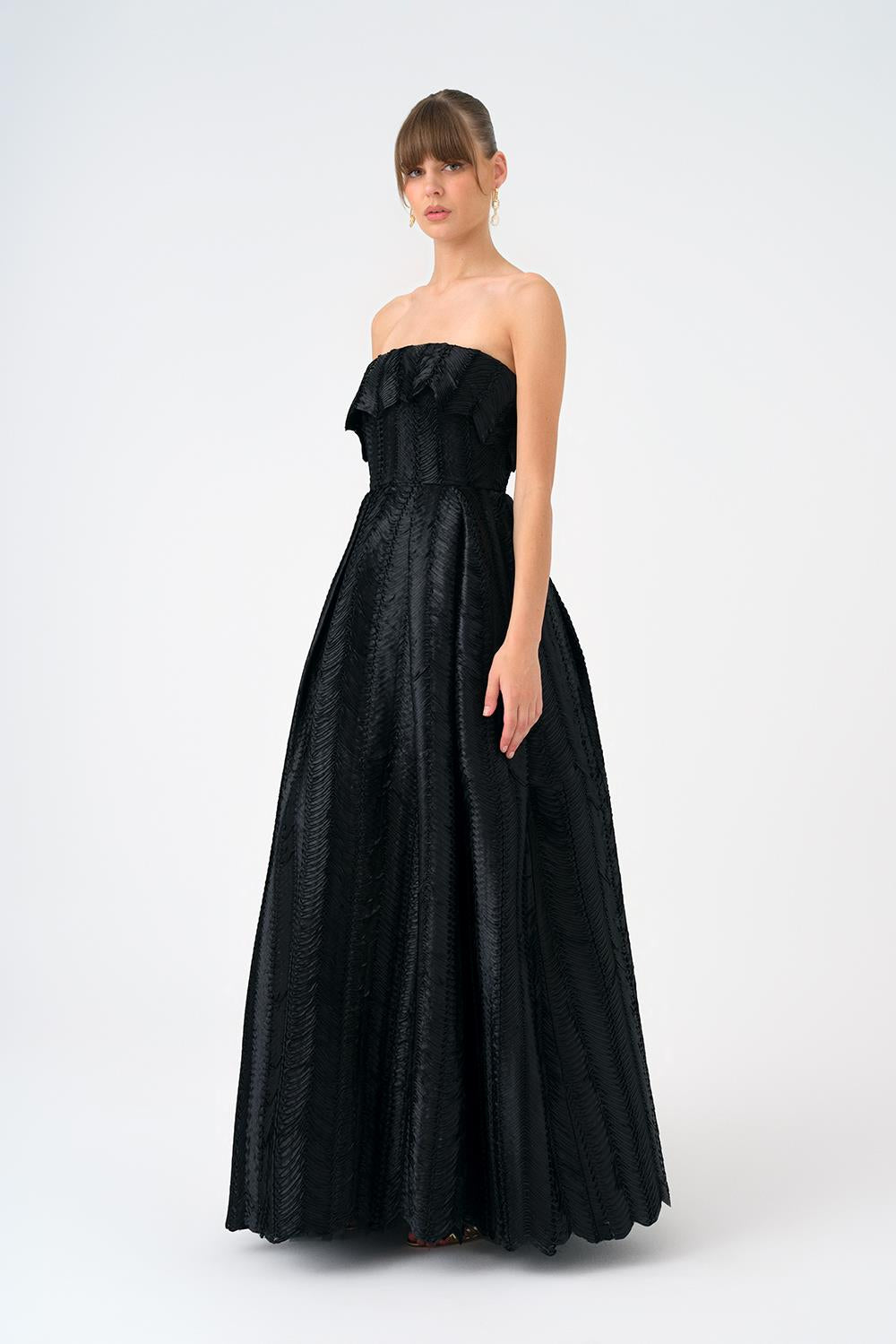 Straplez Yaka Prenses Kesim Uzun Abiye Elbise - 9050C - SİYAH