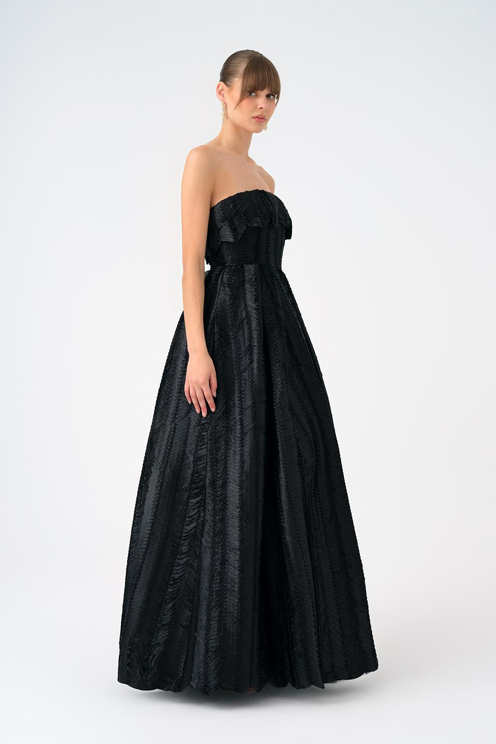 Straplez Yaka Prenses Kesim Uzun Abiye Elbise - 9050C - SİYAH