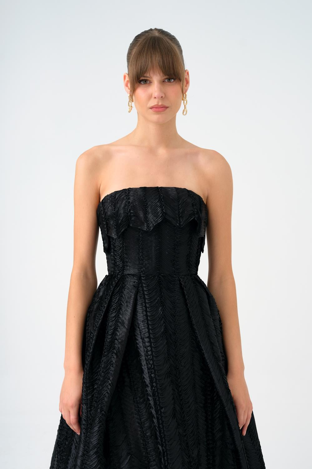 Straplez Yaka Prenses Kesim Uzun Abiye Elbise - 9050C - SİYAH