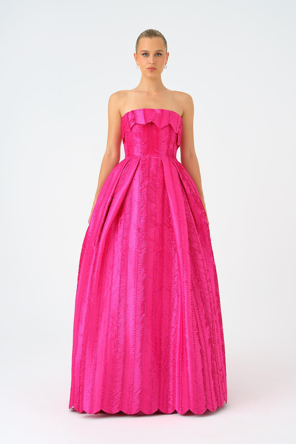 Straplez Yaka Prenses Kesim Uzun Abiye Elbise - 9050C - FUŞYA