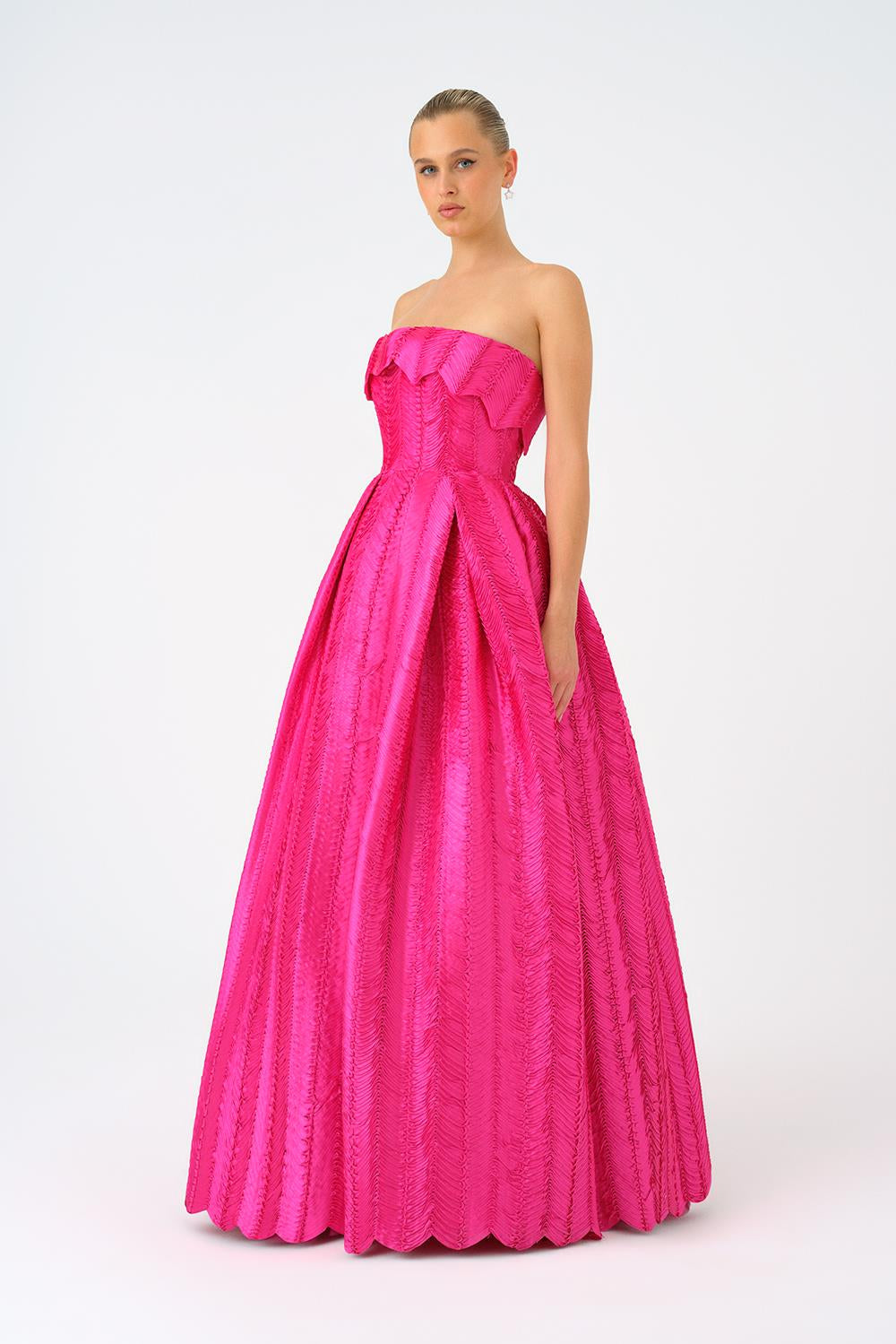 Straplez Yaka Prenses Kesim Uzun Abiye Elbise - 9050C - FUŞYA