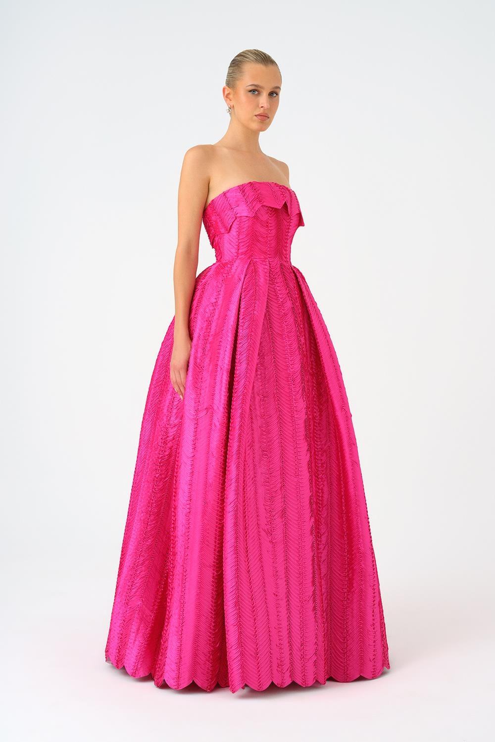 Straplez Yaka Prenses Kesim Uzun Abiye Elbise - 9050C - FUŞYA