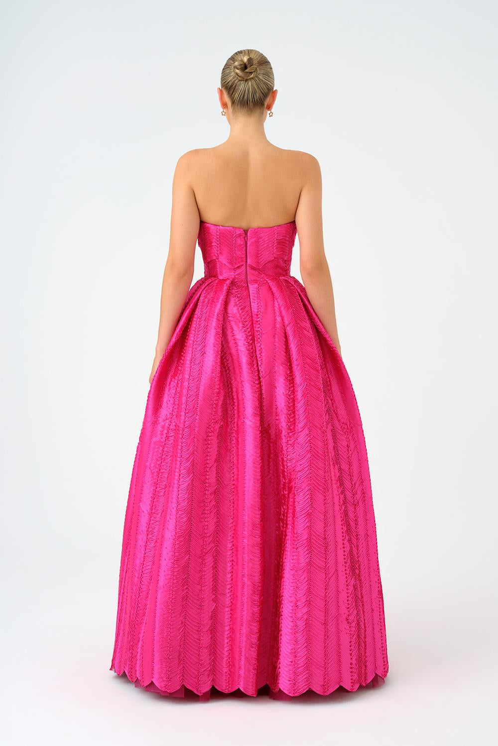 Straplez Yaka Prenses Kesim Uzun Abiye Elbise - 9050C - FUŞYA