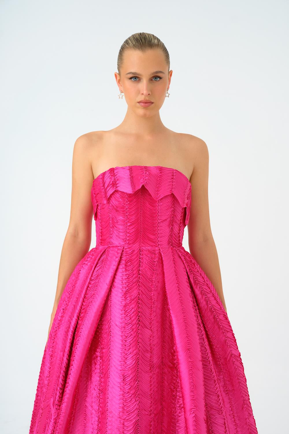 Straplez Yaka Prenses Kesim Uzun Abiye Elbise - 9050C - FUŞYA