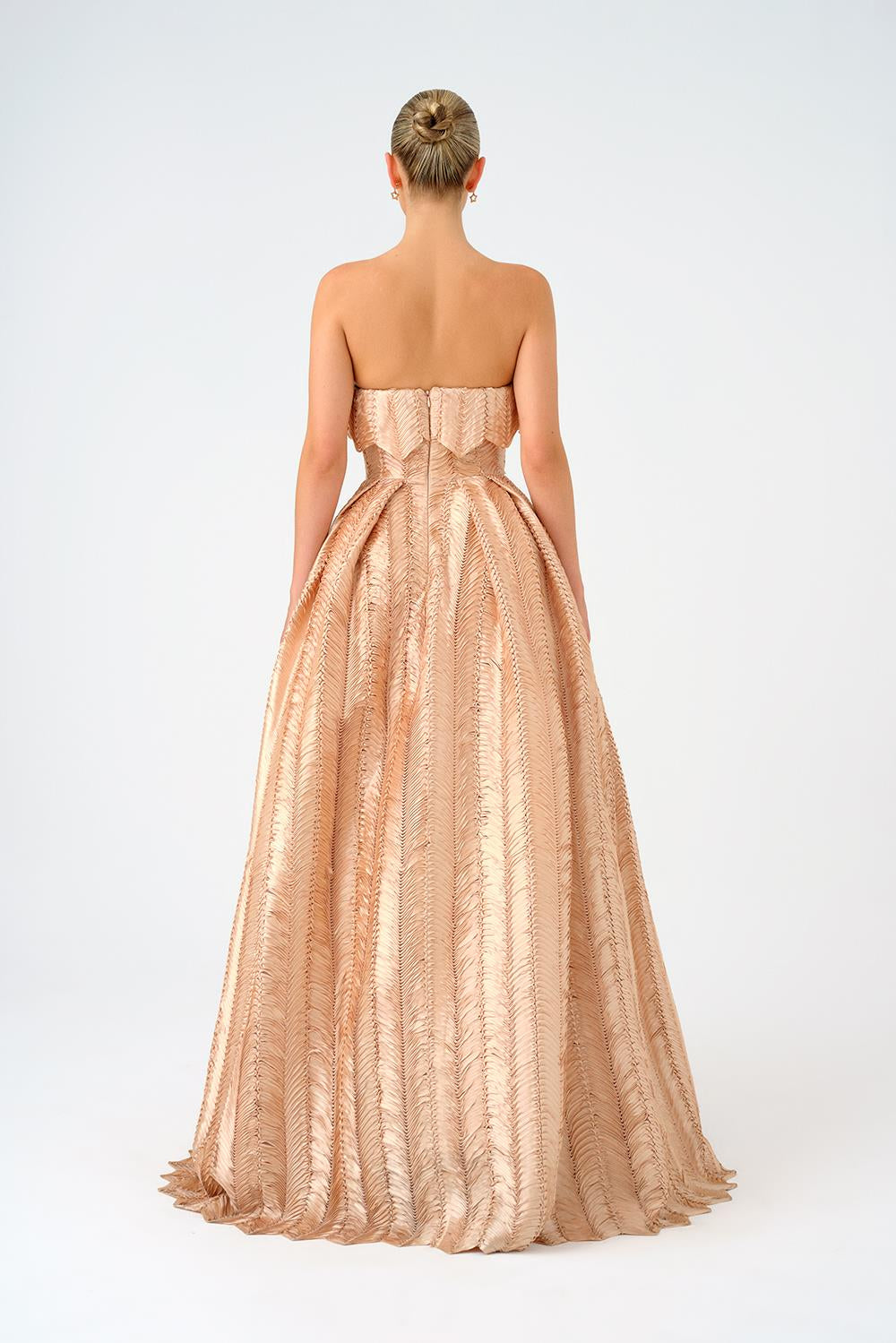 Straplez Yaka Prenses Kesim Uzun Abiye Elbise - 9050C - Şampanya