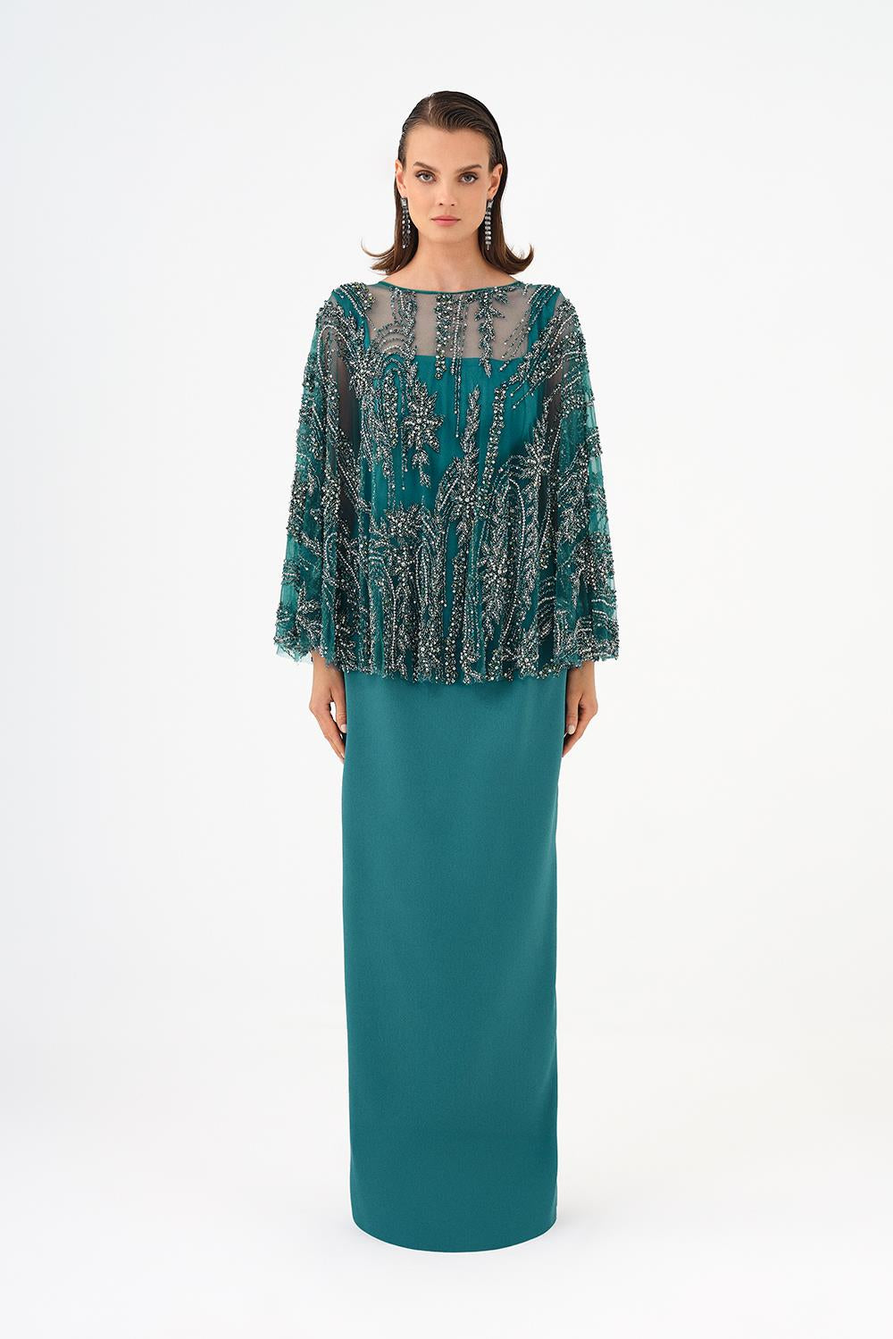Long Evening Dress with Stone Embroidered Cape Straps - 9004C