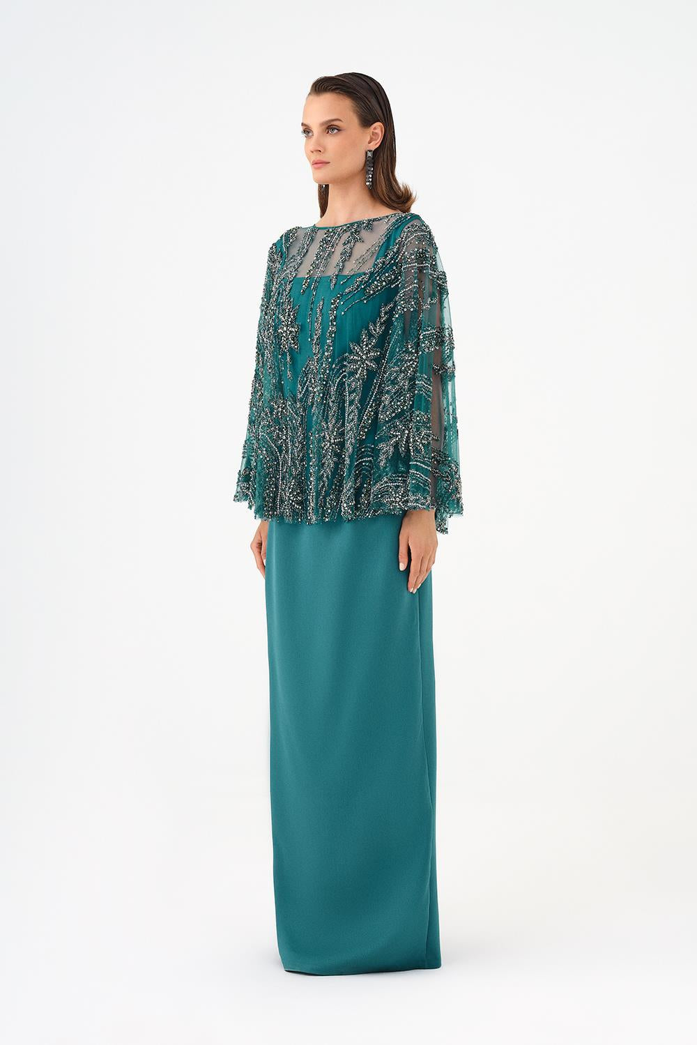 Long Evening Dress with Stone Embroidered Cape Straps - 9004C