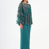 Long Evening Dress with Stone Embroidered Cape Straps - 9004C