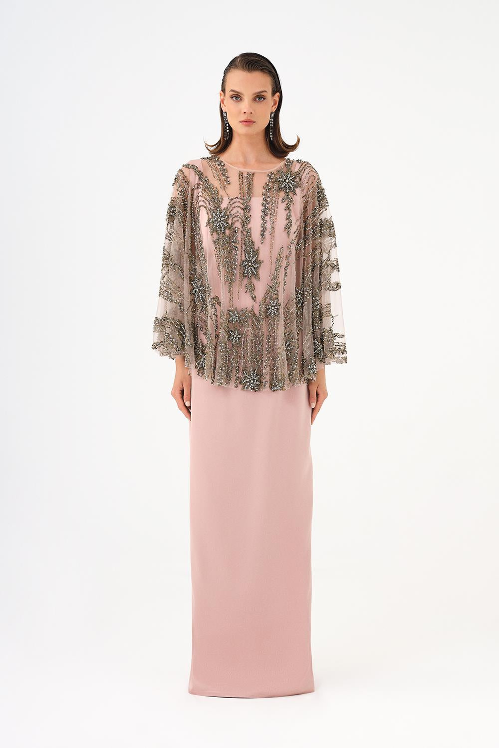 Long Evening Dress with Stone Embroidered Cape Straps - 9004C