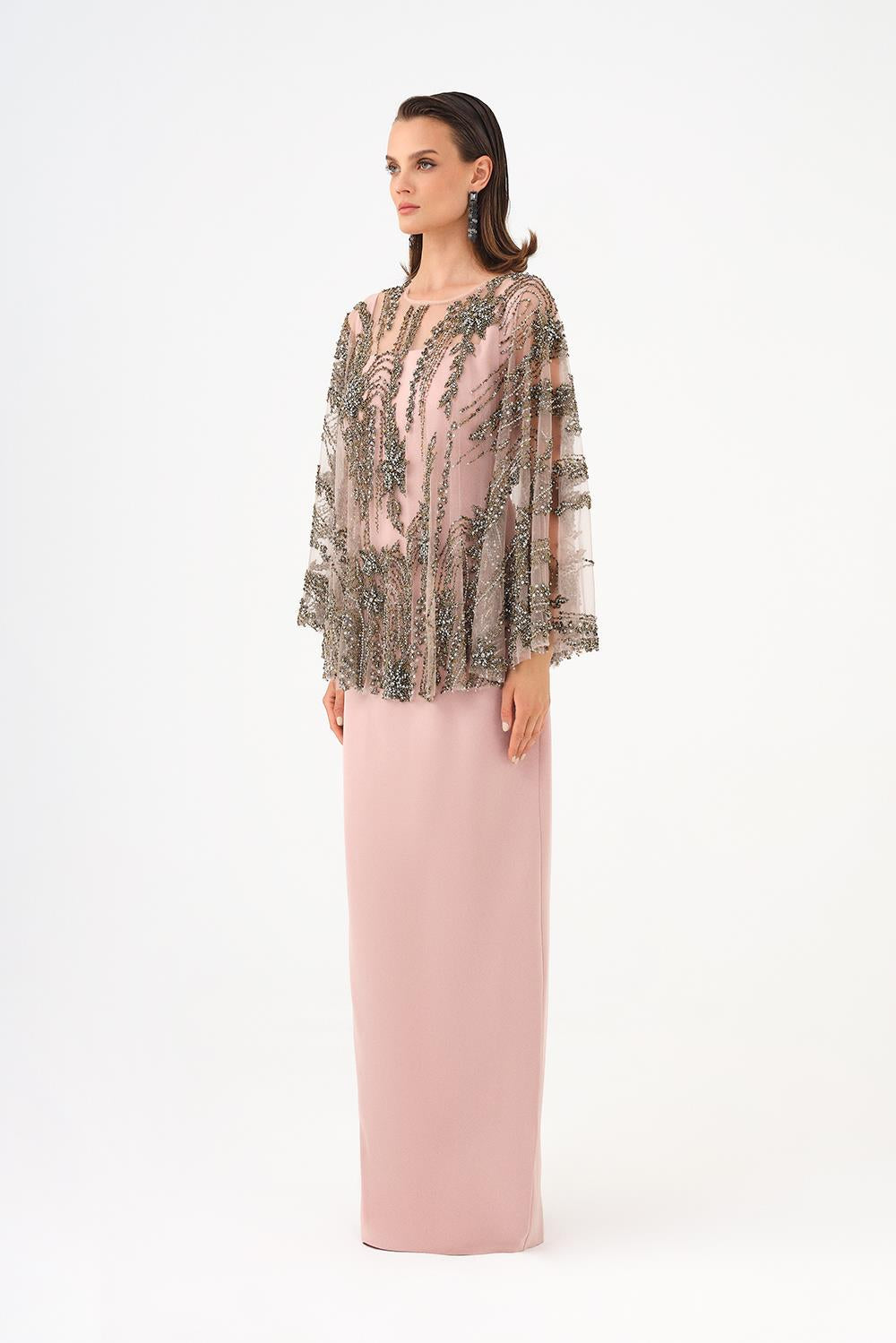 Long Evening Dress with Stone Embroidered Cape Straps - 9004C