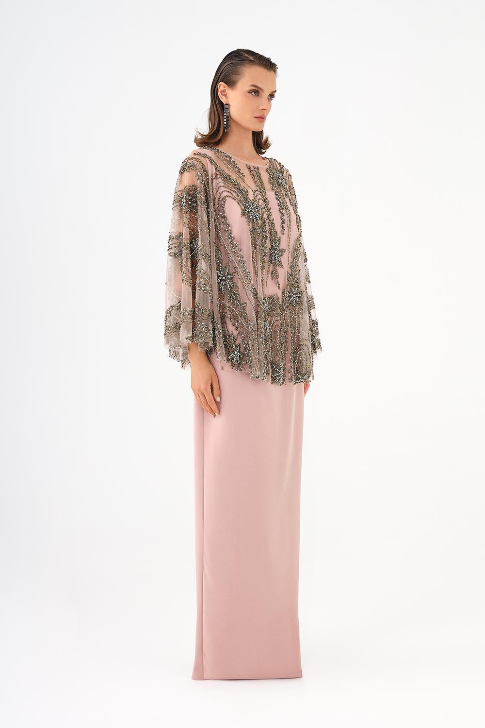 Long Evening Dress with Stone Embroidered Cape Straps - 9004C