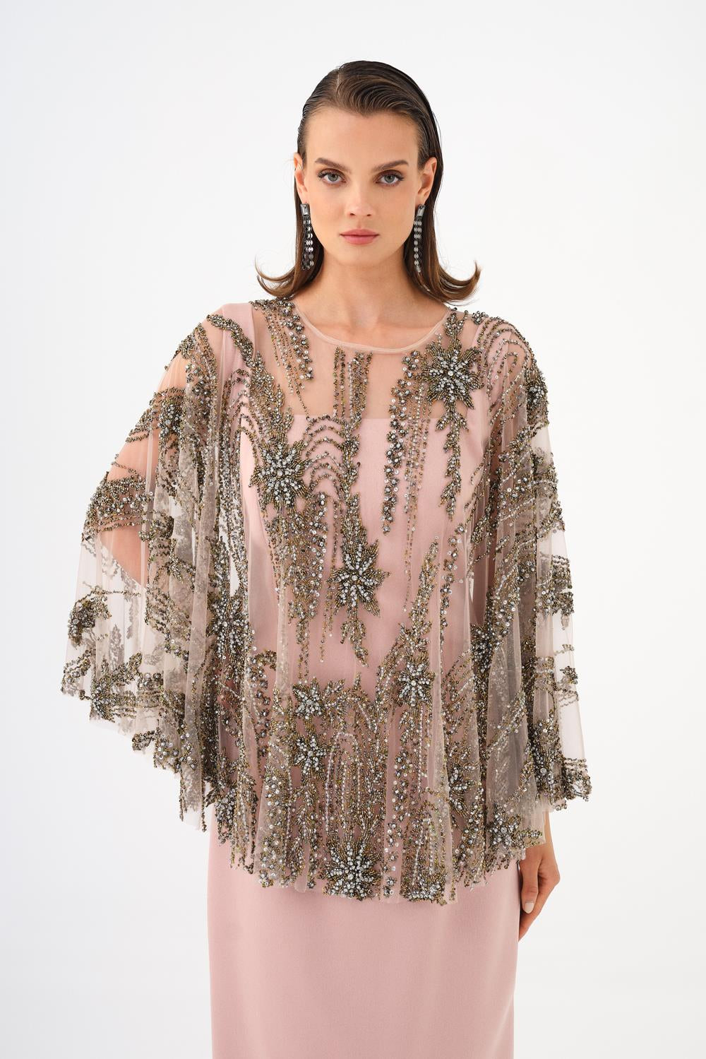 Long Evening Dress with Stone Embroidered Cape Straps - 9004C