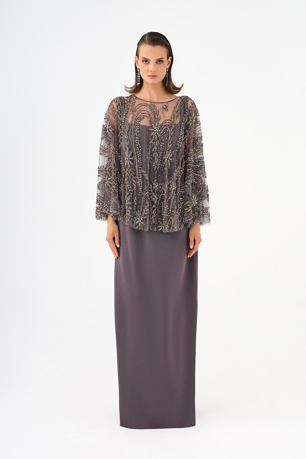 Long Evening Dress with Stone Embroidered Cape Straps - 9004C