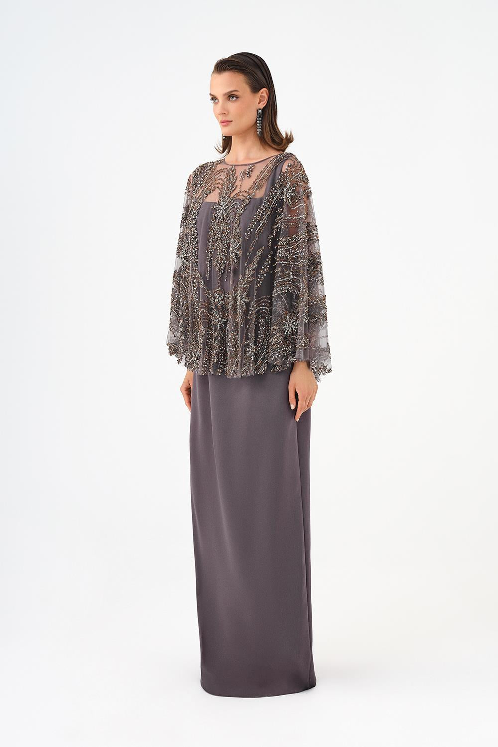 Long Evening Dress with Stone Embroidered Cape Straps - 9004C