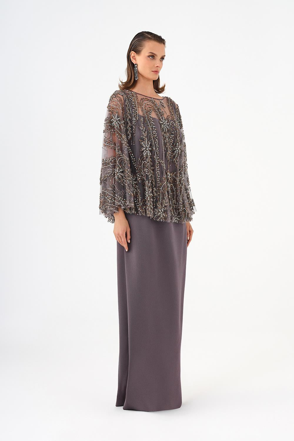 Long Evening Dress with Stone Embroidered Cape Straps - 9004C