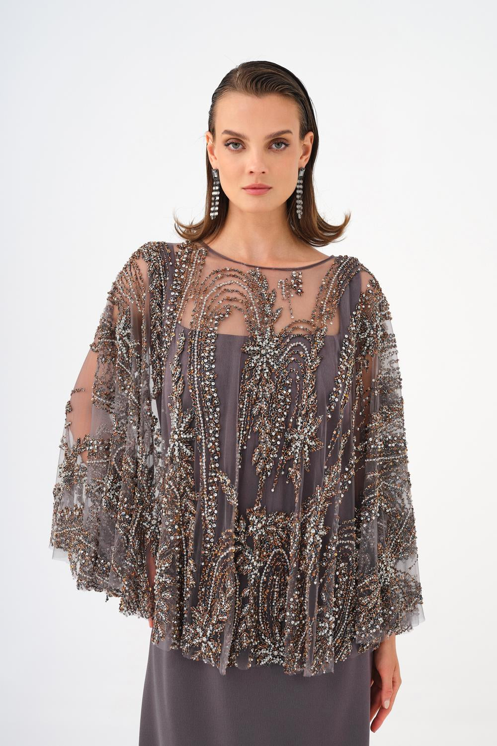 Long Evening Dress with Stone Embroidered Cape Straps - 9004C