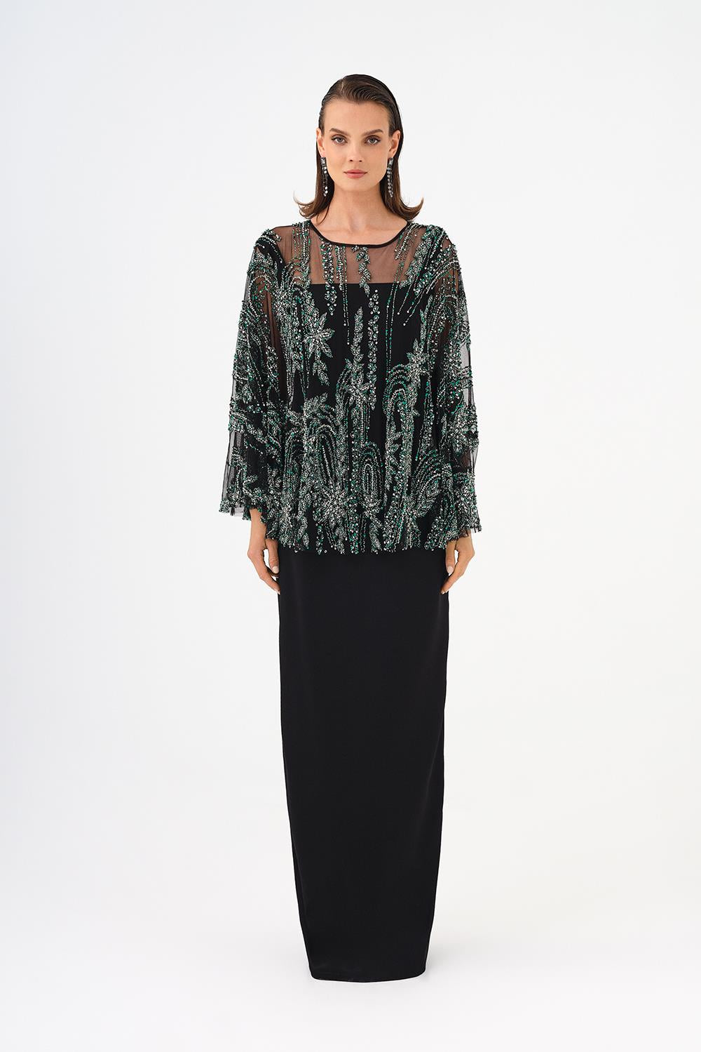 Long Evening Dress with Stone Embroidered Cape Straps - 9004C