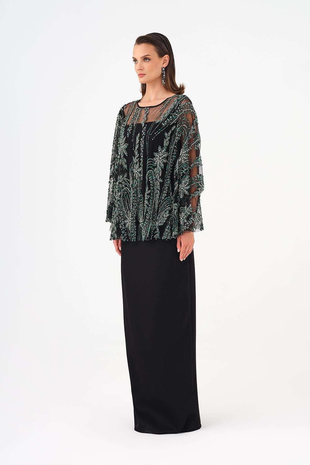 Long Evening Dress with Stone Embroidered Cape Straps - 9004C