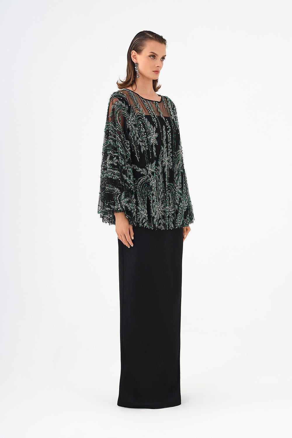 Long Evening Dress with Stone Embroidered Cape Straps - 9004C