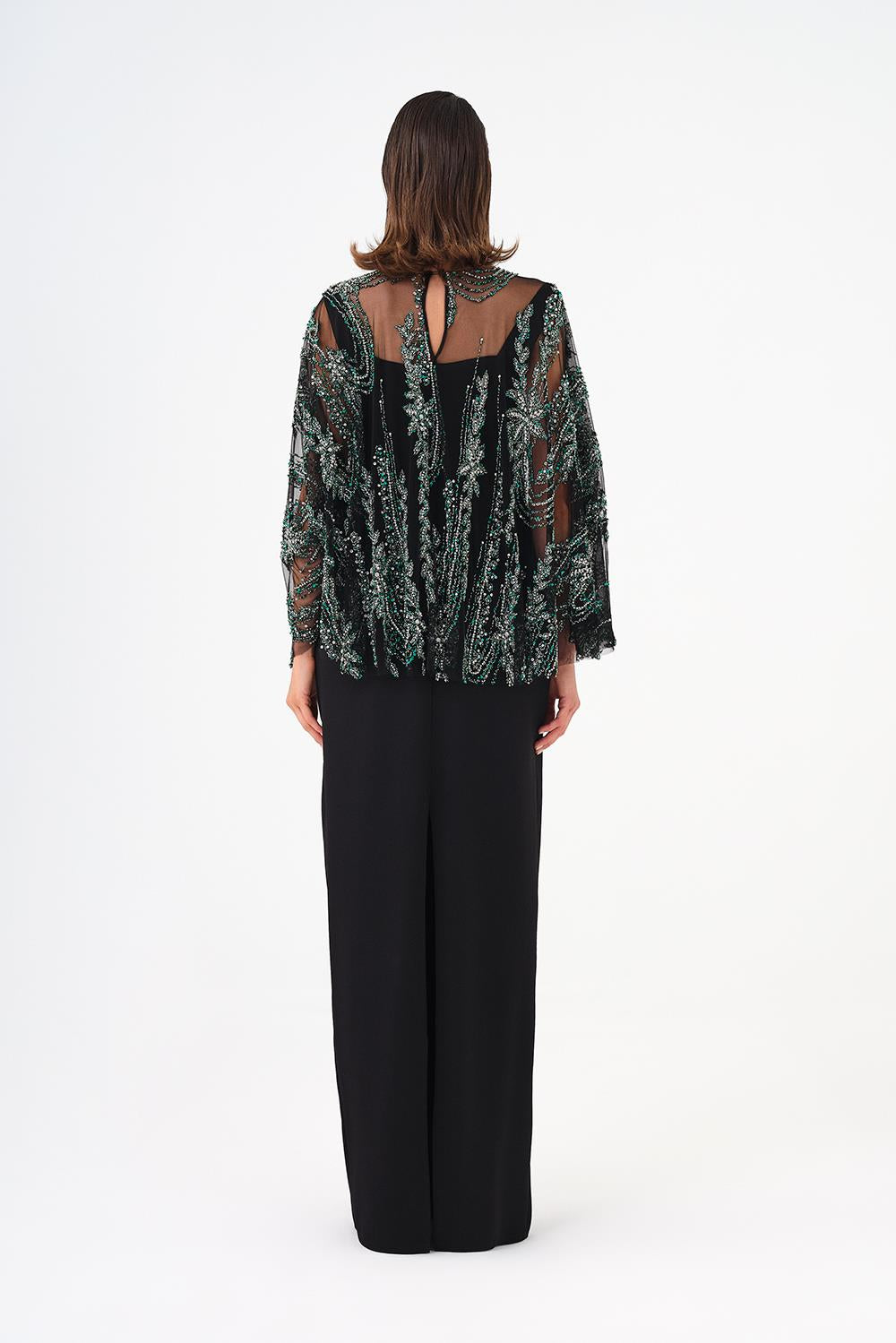 Long Evening Dress with Stone Embroidered Cape Straps - 9004C