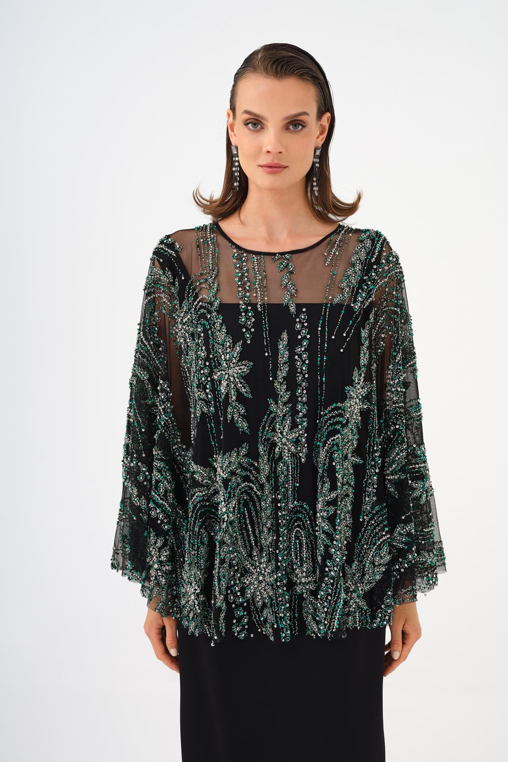 Long Evening Dress with Stone Embroidered Cape Straps - 9004C